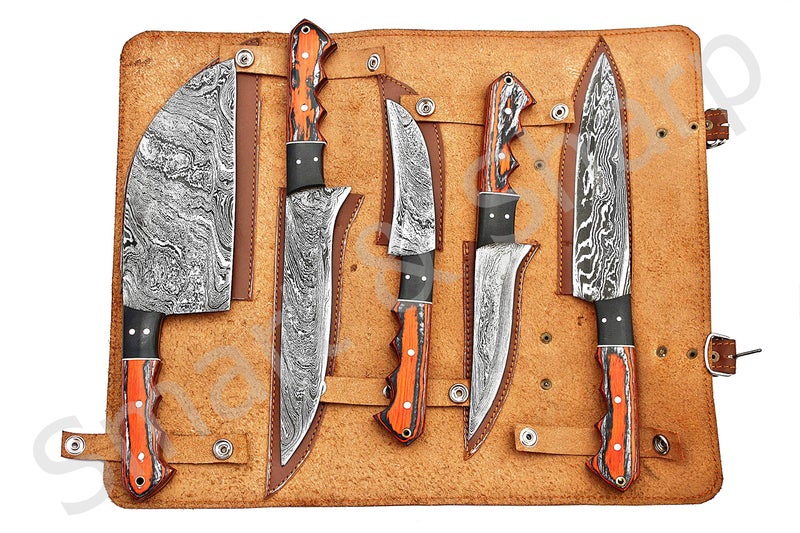 Smart & Sharp Custom Handmade Damascus Chef Knives Set/Kitchen Knives 5 Pieces Set SS-17211 (Orange and Black Color Wood) - Image 1